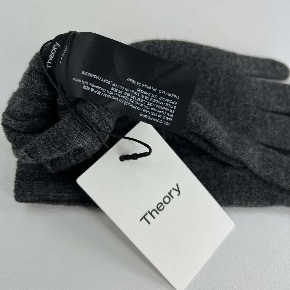 Theory Long Ribbed Gloves Women One Size Soft Cashmere Knit Winter Charcoal Gray